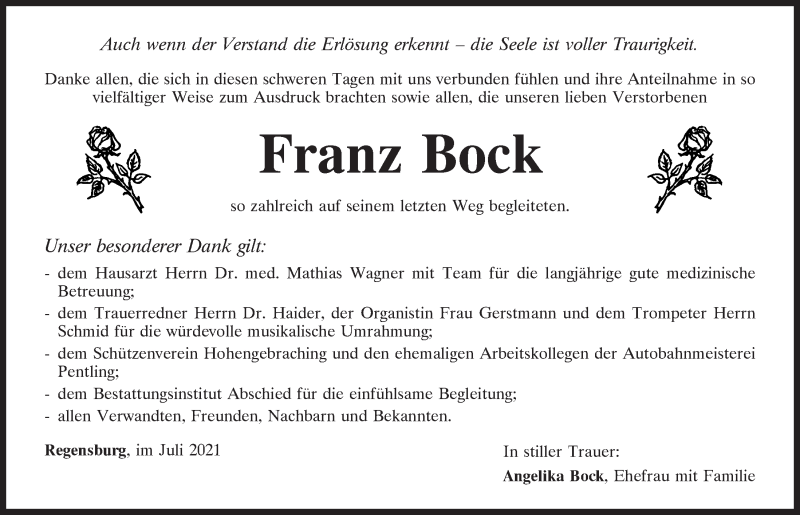  Traueranzeige für Franz Bock vom 17.07.2021 aus Mittelbayerische Zeitung Regensburg