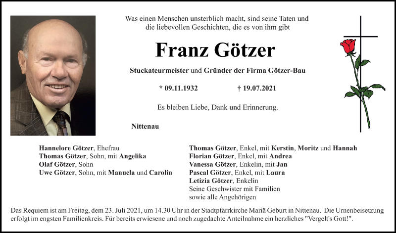  Traueranzeige für Franz Götzer vom 21.07.2021 aus Mittelbayerische Zeitung Regensburg