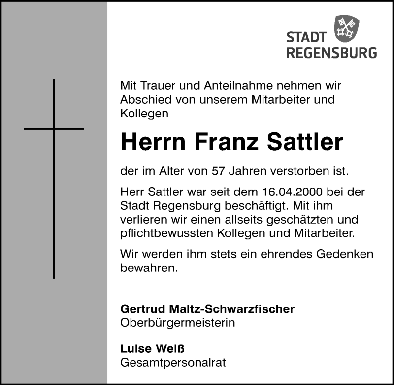  Traueranzeige für Franz Sattler vom 03.07.2021 aus Mittelbayerische Zeitung Regensburg