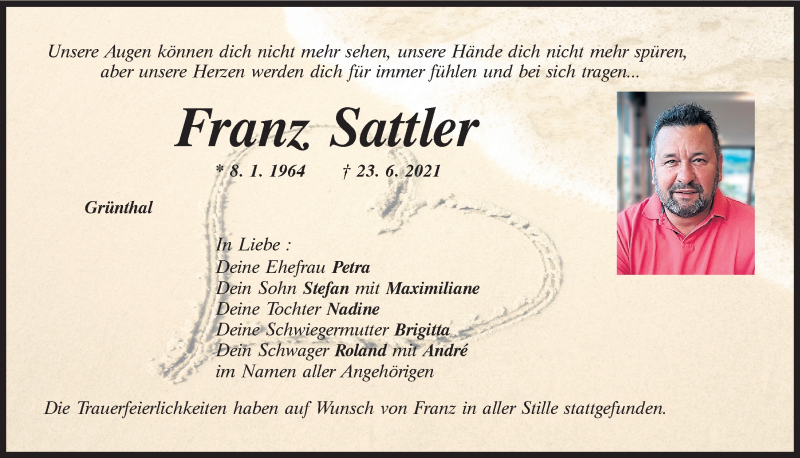  Traueranzeige für Franz Sattler vom 03.07.2021 aus Mittelbayerische Zeitung Regensburg