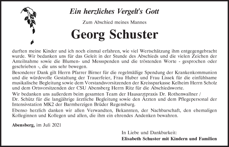  Traueranzeige für Georg Schuster vom 08.07.2021 aus Mittelbayerische Zeitung Kelheim