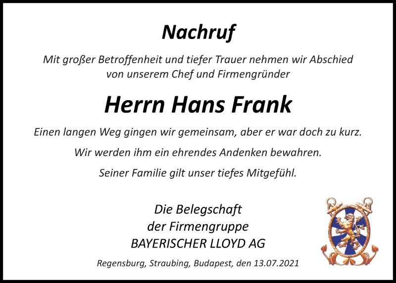  Traueranzeige für Hans Frank vom 13.07.2021 aus Mittelbayerische Zeitung Regensburg