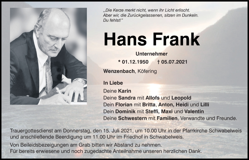  Traueranzeige für Hans Frank vom 10.07.2021 aus Mittelbayerische Zeitung Regensburg