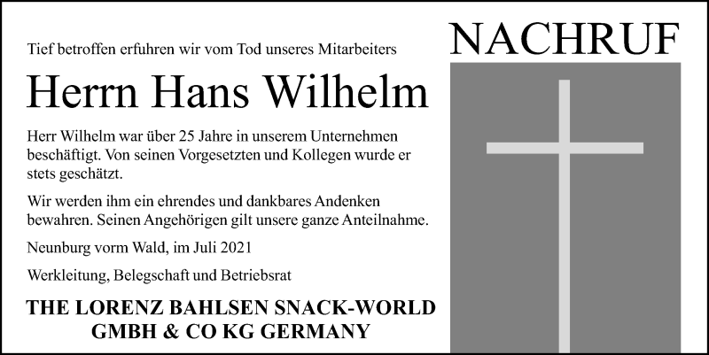  Traueranzeige für Hans Wilhelm vom 28.07.2021 aus Mittelbayerische Zeitung Schwandorf