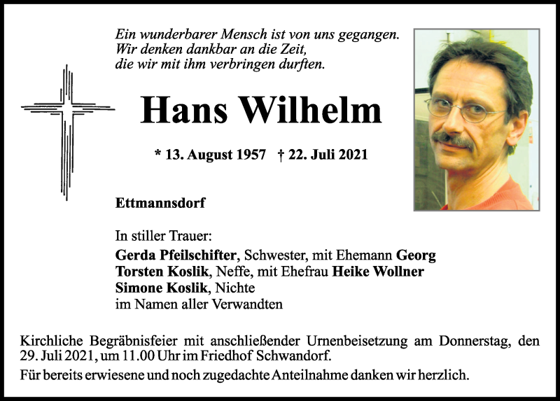  Traueranzeige für Hans Wilhelm vom 27.07.2021 aus Mittelbayerische Zeitung Schwandorf