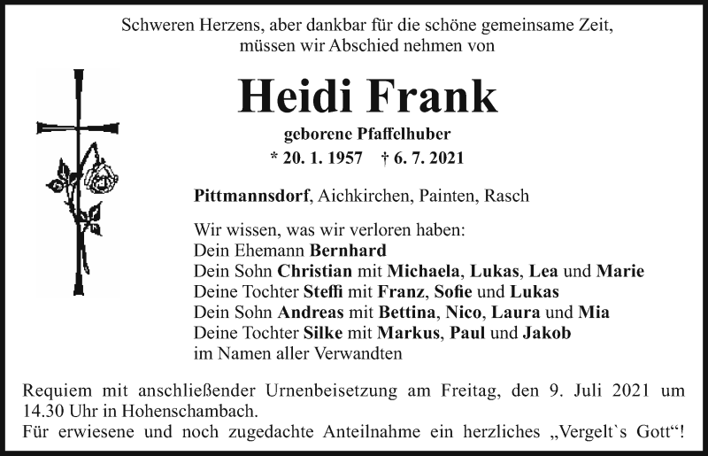  Traueranzeige für Heidi Frank vom 08.07.2021 aus Mittelbayerische Zeitung Regensburg