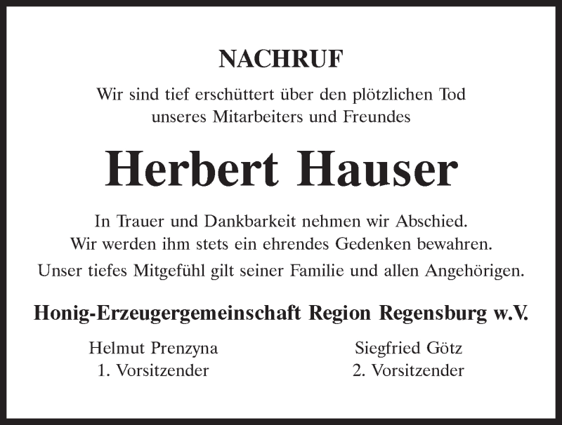  Traueranzeige für Herbert Hauser vom 03.07.2021 aus Mittelbayerische Zeitung Regensburg