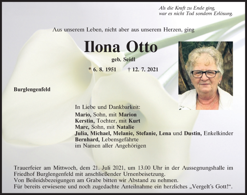  Traueranzeige für Ilona Otto vom 17.07.2021 aus Mittelbayerische Zeitung Schwandorf