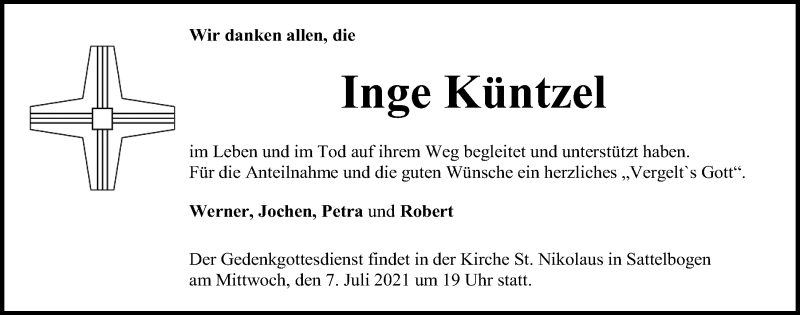  Traueranzeige für Inge Küntzel vom 05.07.2021 aus Bayerwald Echo