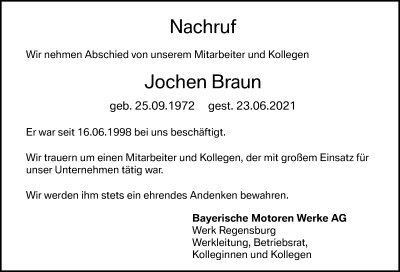  Traueranzeige für Jochen Braun vom 09.07.2021 aus Mittelbayerische Zeitung Regensburg