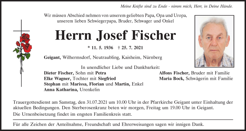  Traueranzeige für Josef Fischer vom 29.07.2021 aus Bayerwald Echo