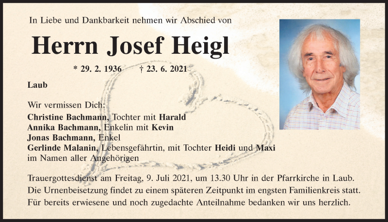  Traueranzeige für Josef Heigl vom 03.07.2021 aus Mittelbayerische Zeitung Regensburg