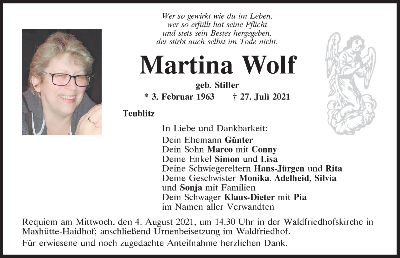  Traueranzeige für Martina Wolf vom 31.07.2021 aus Mittelbayerische Zeitung Schwandorf