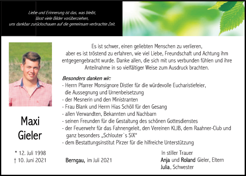  Traueranzeige für Maxi Gieler vom 10.07.2021 aus Neumarkter Tagblatt