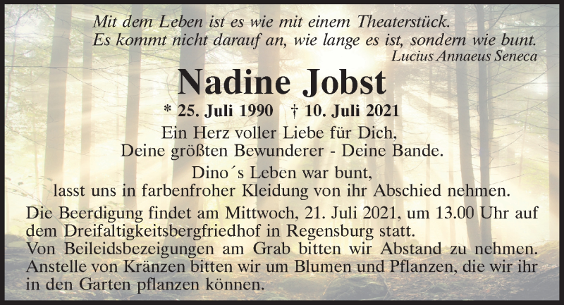  Traueranzeige für Nadine Jobst vom 17.07.2021 aus Mittelbayerische Zeitung Regensburg