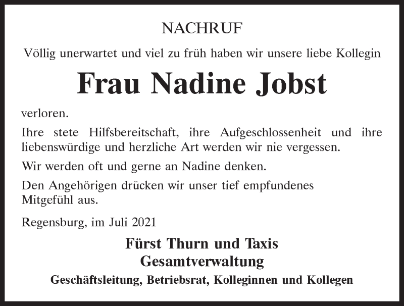  Traueranzeige für Nadine Jobst vom 17.07.2021 aus Mittelbayerische Zeitung Regensburg