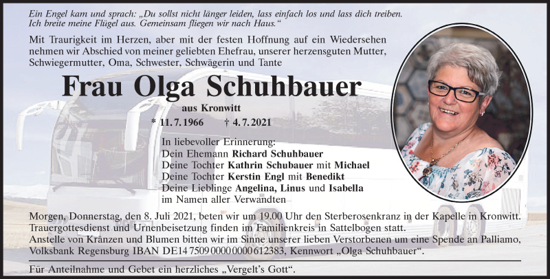  Traueranzeige für Olga Schuhbauer vom 07.07.2021 aus Bayerwald Echo