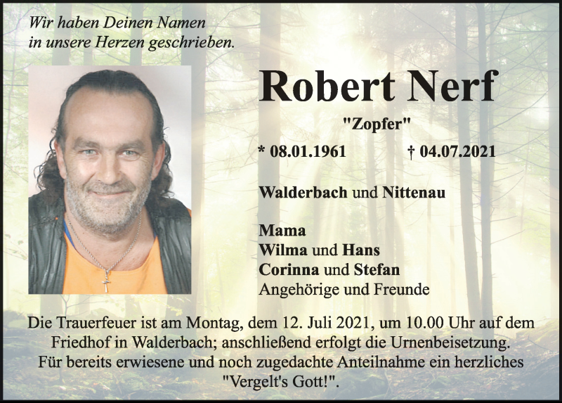  Traueranzeige für Robert Nerf vom 09.07.2021 aus Bayerwald Echo