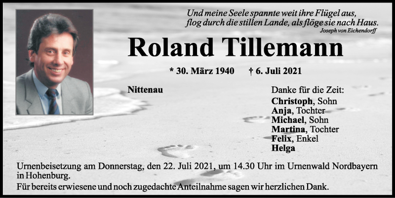  Traueranzeige für Roland Tillemann vom 10.07.2021 aus Mittelbayerische Zeitung Regensburg