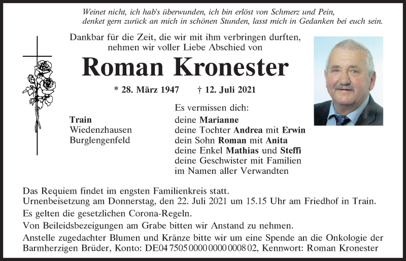  Traueranzeige für Roman Kronester vom 21.07.2021 aus Mittelbayerische Zeitung Regensburg