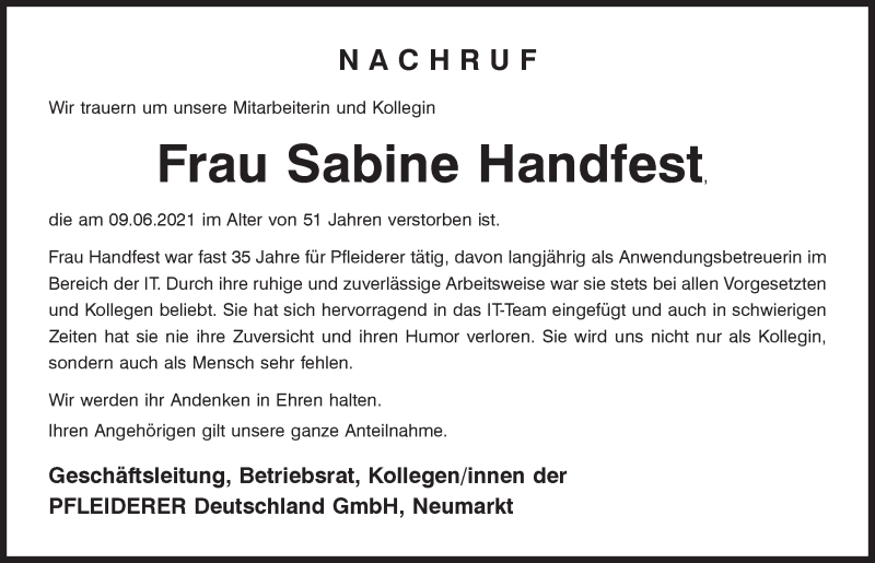  Traueranzeige für Sabine Handfest vom 03.07.2021 aus Neumarkter Tagblatt