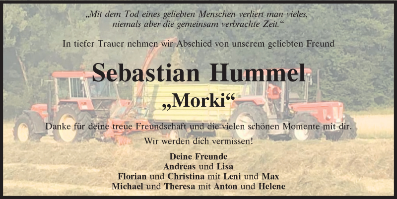  Traueranzeige für Sebastian Hummel vom 27.07.2021 aus Mittelbayerische Zeitung Schwandorf