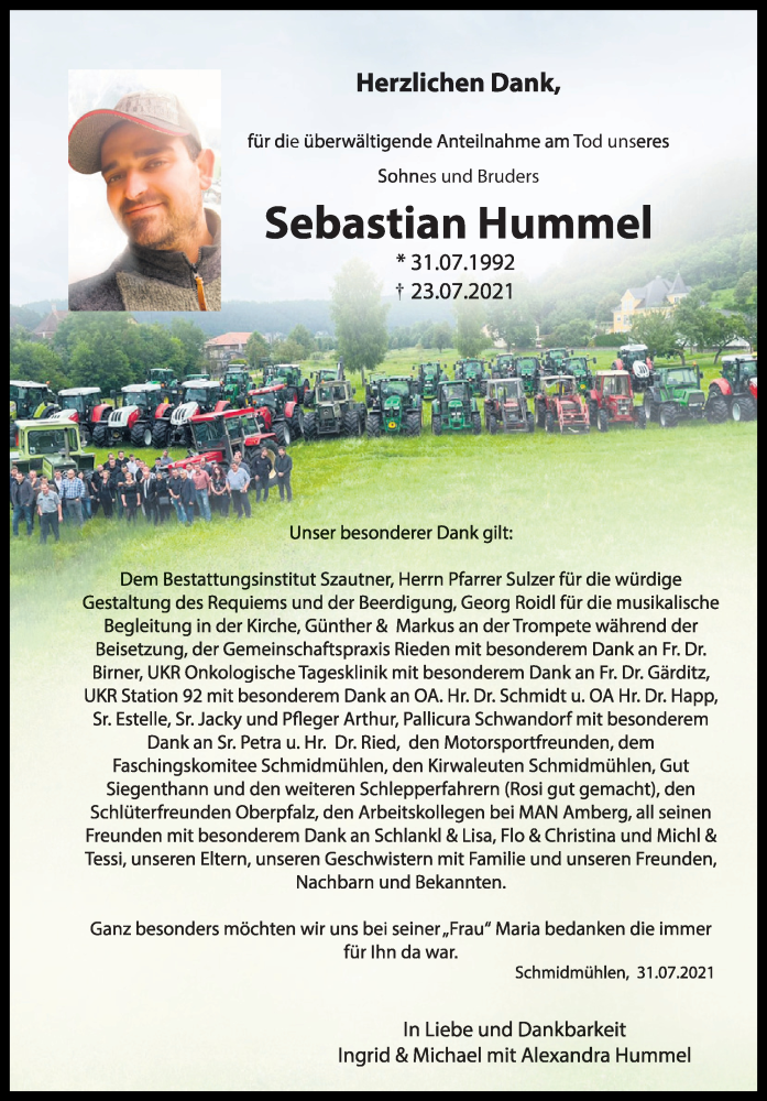  Traueranzeige für Sebastian Hummel vom 31.07.2021 aus Mittelbayerische Zeitung Schwandorf