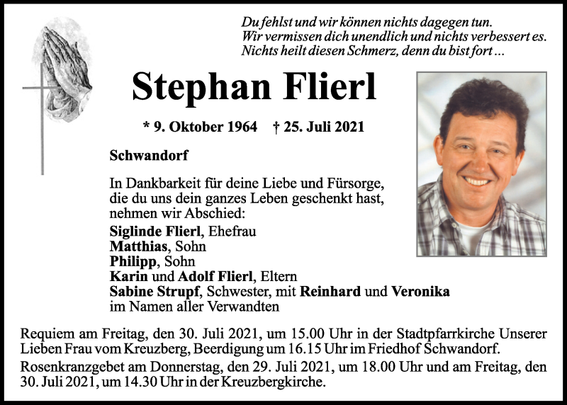  Traueranzeige für Stephan Flierl vom 27.07.2021 aus Mittelbayerische Zeitung Schwandorf