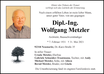Traueranzeige von Wolfgang Metzler von Neumarkter Tagblatt