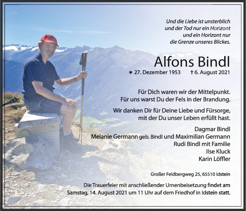  Traueranzeige für Alfons Bindl vom 11.08.2021 aus Bayerwald Echo