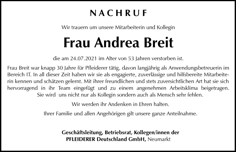 Traueranzeige für Andrea Breit vom 07.08.2021 aus Neumarkter Tagblatt