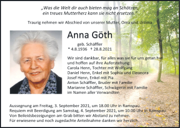 Traueranzeigen von Anna Göth | Mittelbayerische Trauer