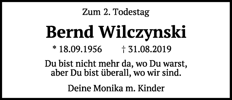  Traueranzeige für Bernd Wilczynski vom 31.08.2021 aus Mittelbayerische Zeitung Regensburg