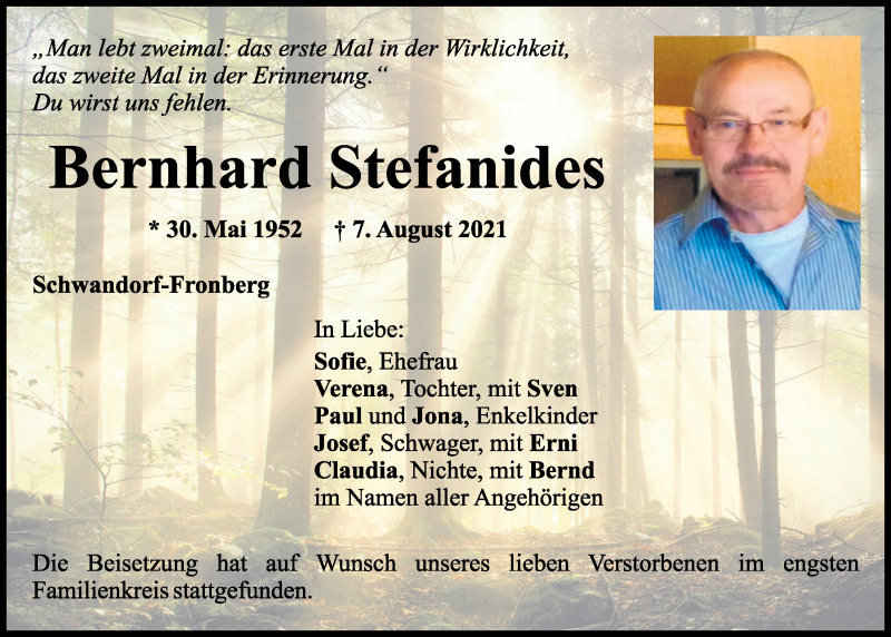  Traueranzeige für Bernhard Stefanides vom 17.08.2021 aus Mittelbayerische Zeitung Schwandorf