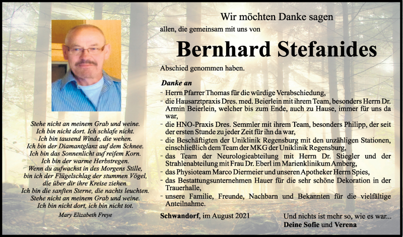 Traueranzeige für Bernhard Stefanides vom 24.08.2021 aus Mittelbayerische Zeitung Schwandorf