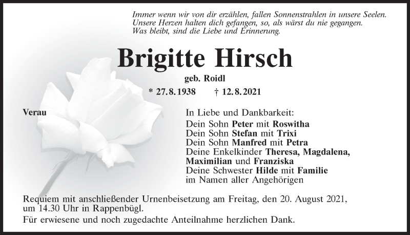  Traueranzeige für Brigitte Hirsch vom 17.08.2021 aus Mittelbayerische Zeitung Schwandorf