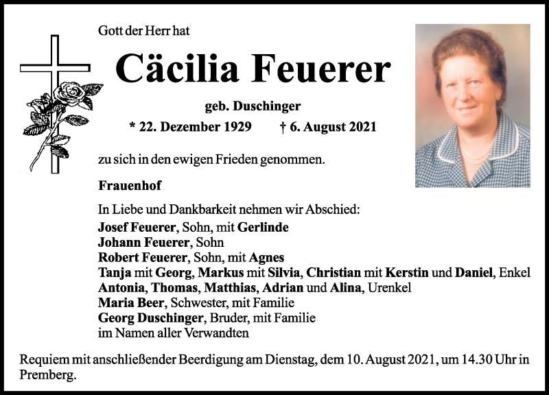  Traueranzeige für Cäcilia Feuerer vom 07.08.2021 aus Mittelbayerische Zeitung Schwandorf