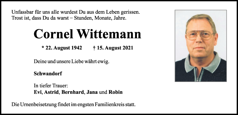  Traueranzeige für Cornel Wittemann vom 19.08.2021 aus Mittelbayerische Zeitung Schwandorf