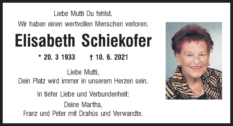  Traueranzeige für Elisabeth Schiekofer vom 28.08.2021 aus Mittelbayerische Zeitung Regensburg