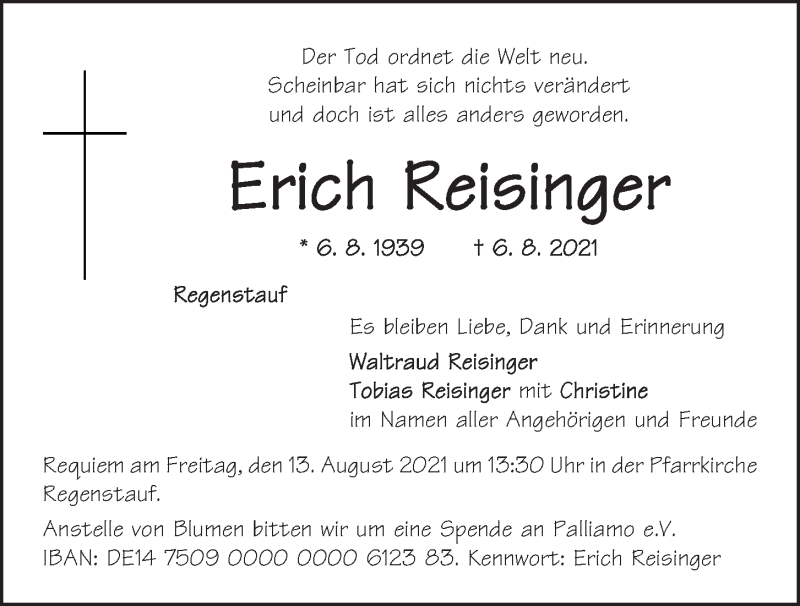  Traueranzeige für Erich Reisinger vom 11.08.2021 aus Mittelbayerische Zeitung Regensburg