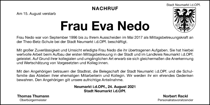  Traueranzeige für Eva Nedo vom 24.08.2021 aus Neumarkter Tagblatt