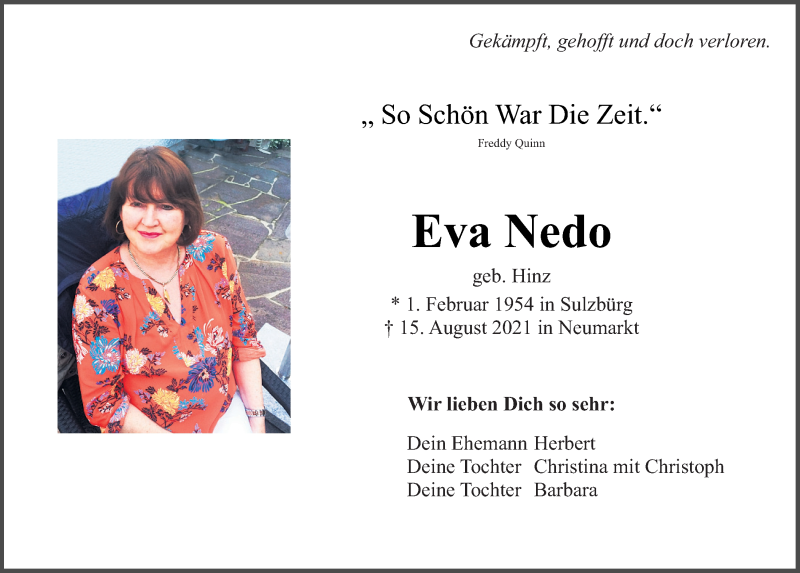 Traueranzeige für Eva Nedo vom 21.08.2021 aus Neumarkter Tagblatt