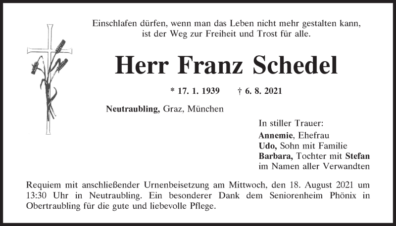  Traueranzeige für Franz Schedel vom 14.08.2021 aus Mittelbayerische Zeitung Regensburg