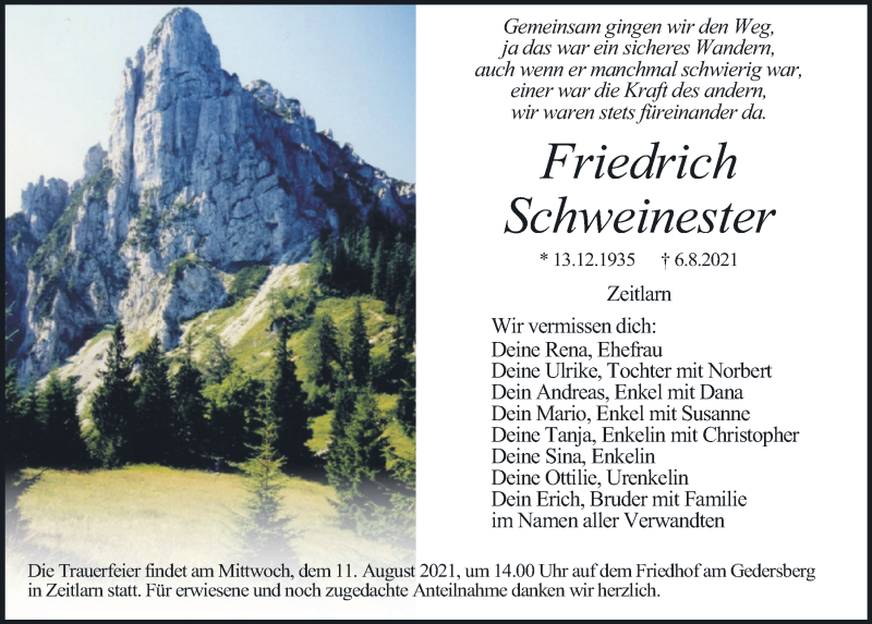  Traueranzeige für Friedrich Schweinester vom 10.08.2021 aus Mittelbayerische Zeitung Regensburg