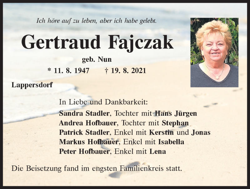 Traueranzeige für Gertraud Fajczak vom 28.08.2021 aus Mittelbayerische Zeitung Regensburg