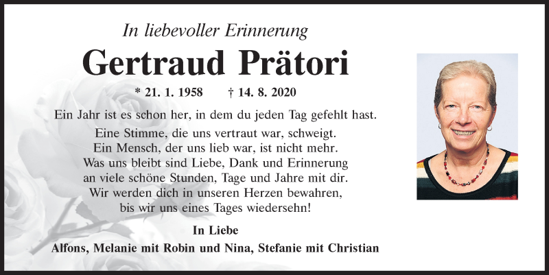  Traueranzeige für Gertraud Prätori vom 14.08.2021 aus Mittelbayerische Zeitung Regensburg
