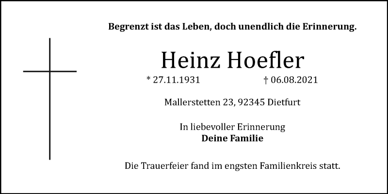  Traueranzeige für Heinz Hoefler vom 28.08.2021 aus Neumarkter Tagblatt
