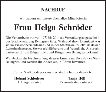 Traueranzeige von Helga Schröder von Neumarkter Tagblatt