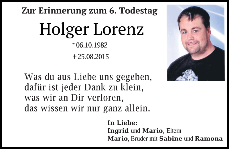  Traueranzeige für Holger Lorenz vom 25.08.2021 aus Mittelbayerische Zeitung Schwandorf