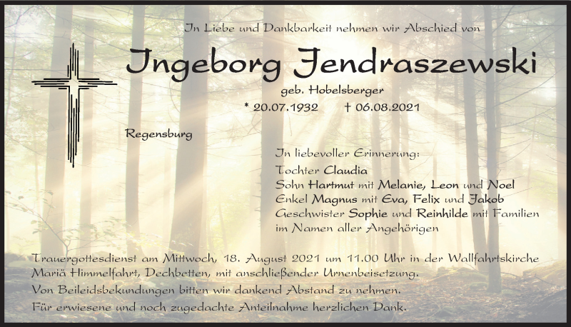  Traueranzeige für Ingeborg Jendraszewski vom 14.08.2021 aus Mittelbayerische Zeitung Regensburg